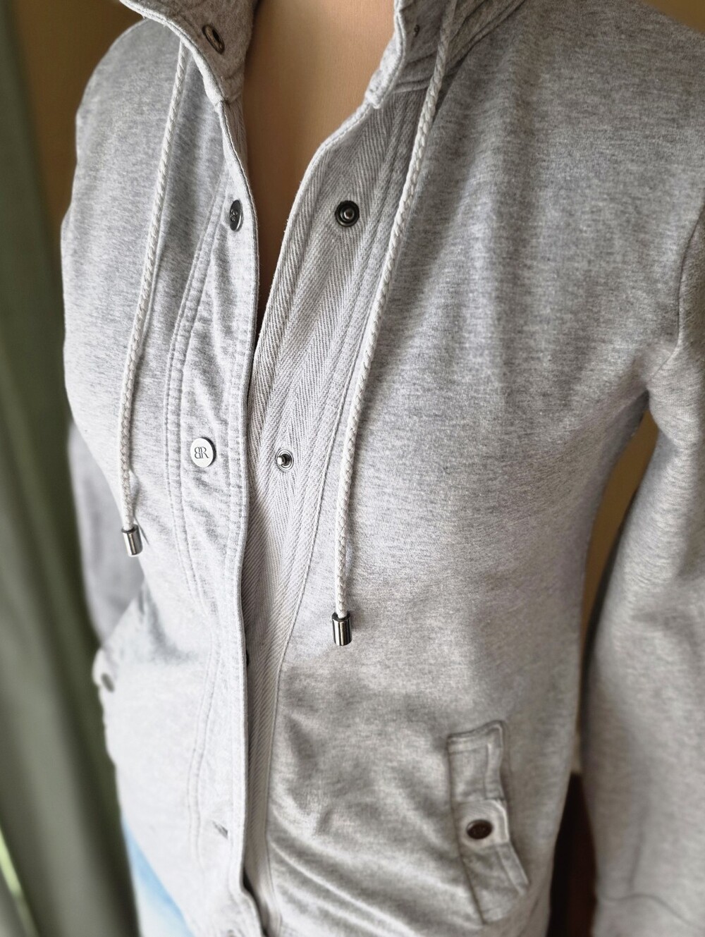 Modal Cotton Snap Front Jacket Gray Mock Neck Drawstring XS Banana Republic - Picture 3 of 9